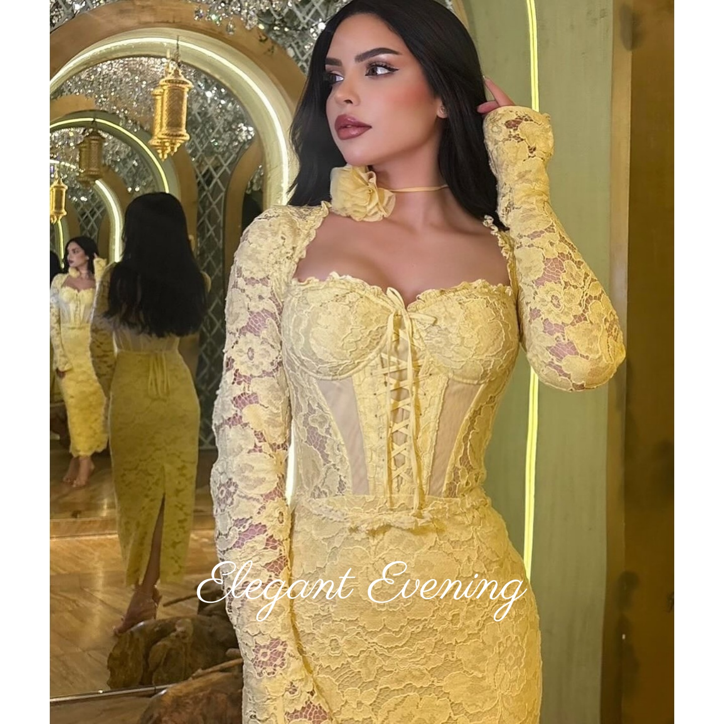 Embroidery Yellow Dress - Yellow Lace Prom Dress Mermaid Sweetheart