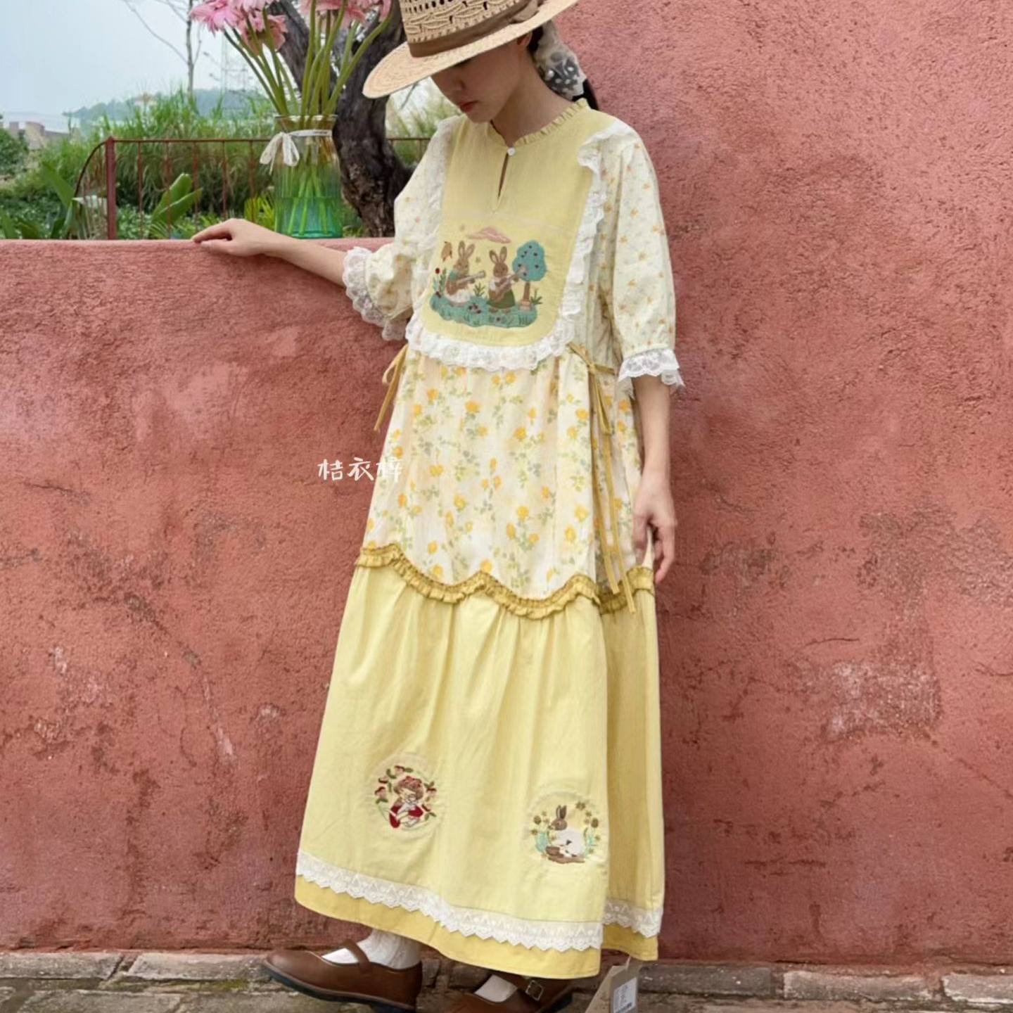 Summer Cotton Sweet Japanese S - Embroidery Yellow Dress ulasan dan harga