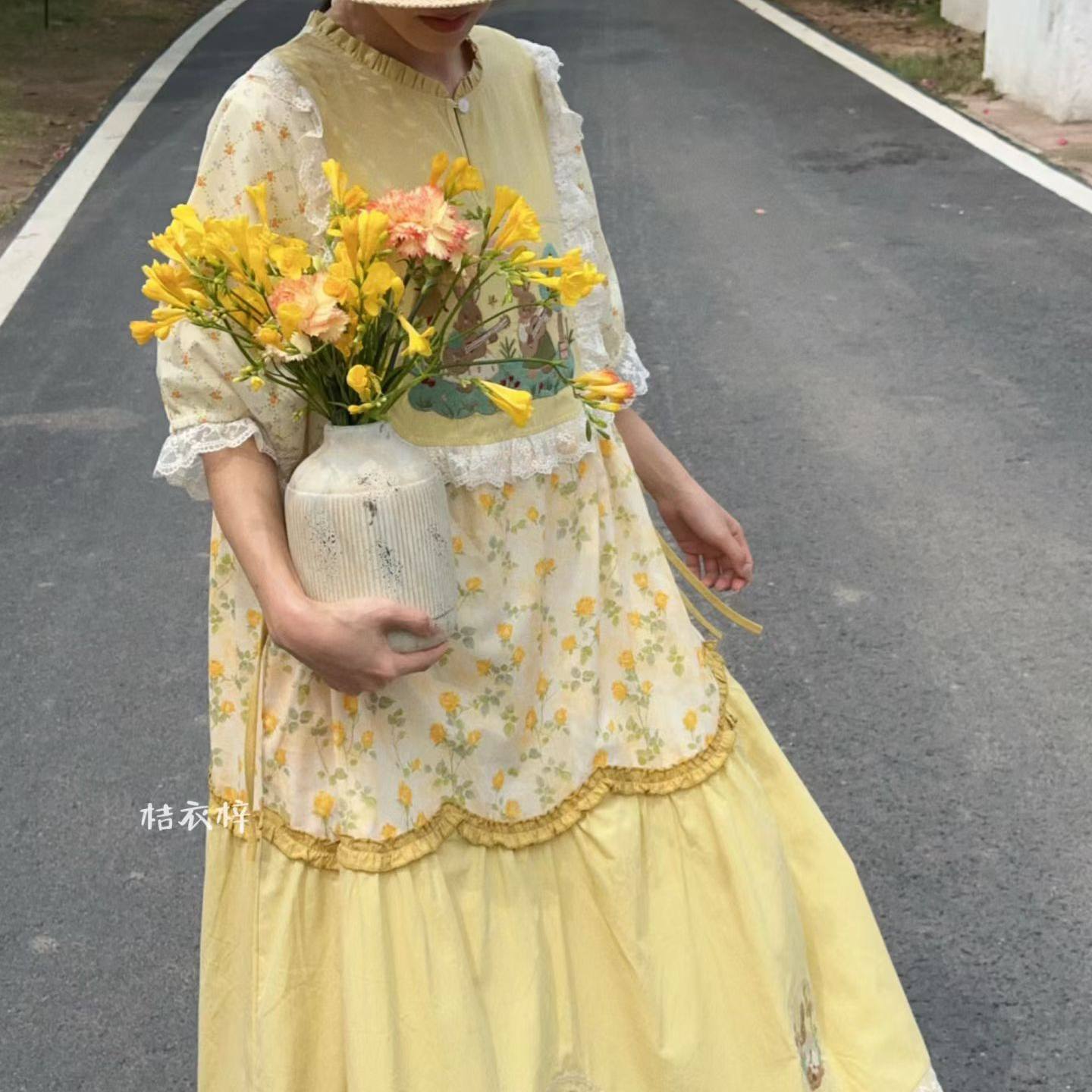 Summer Cotton Sweet Japanese S - Embroidery Yellow Dress ulasan dan harga