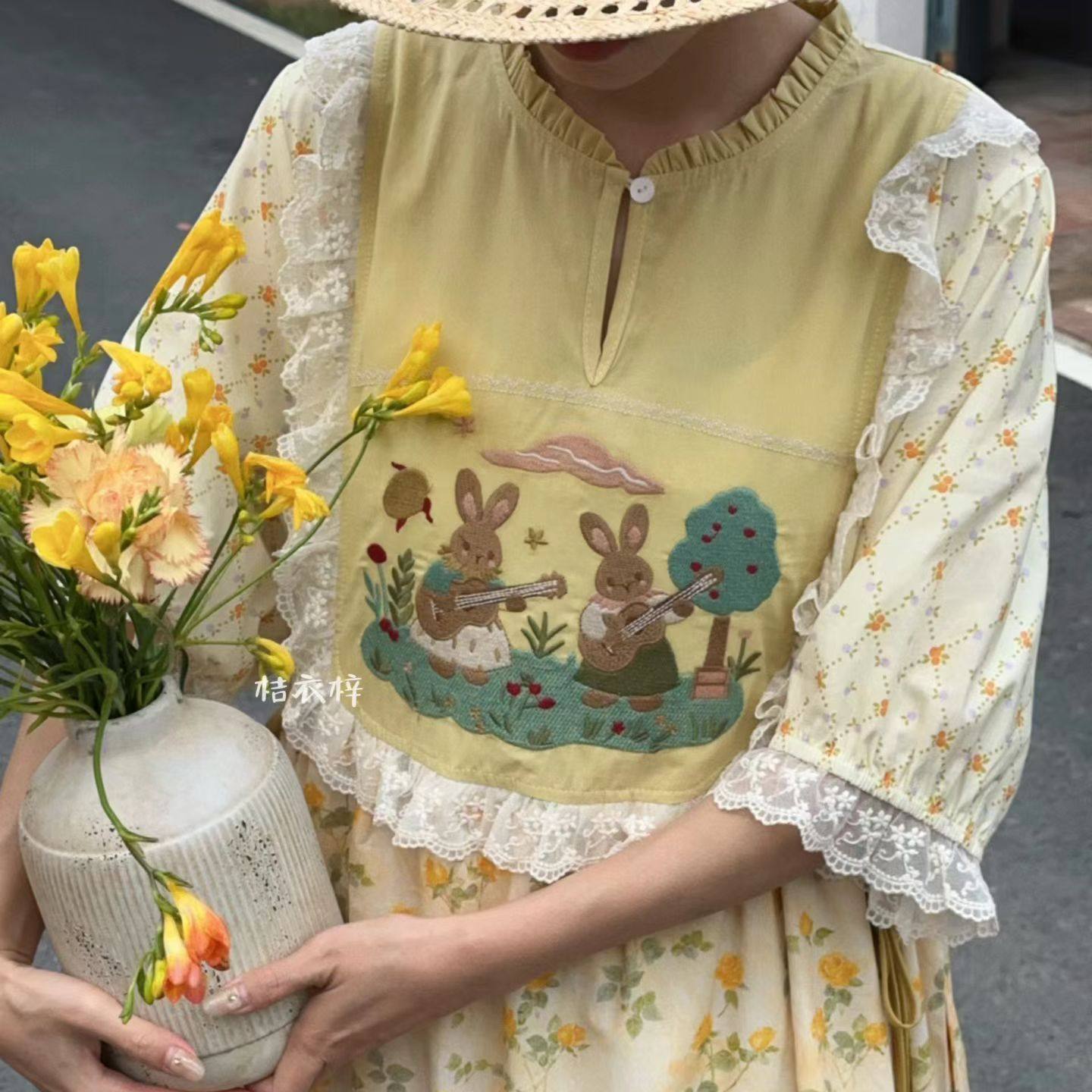 Summer Cotton Sweet Japanese S - Embroidery Yellow Dress ulasan dan harga