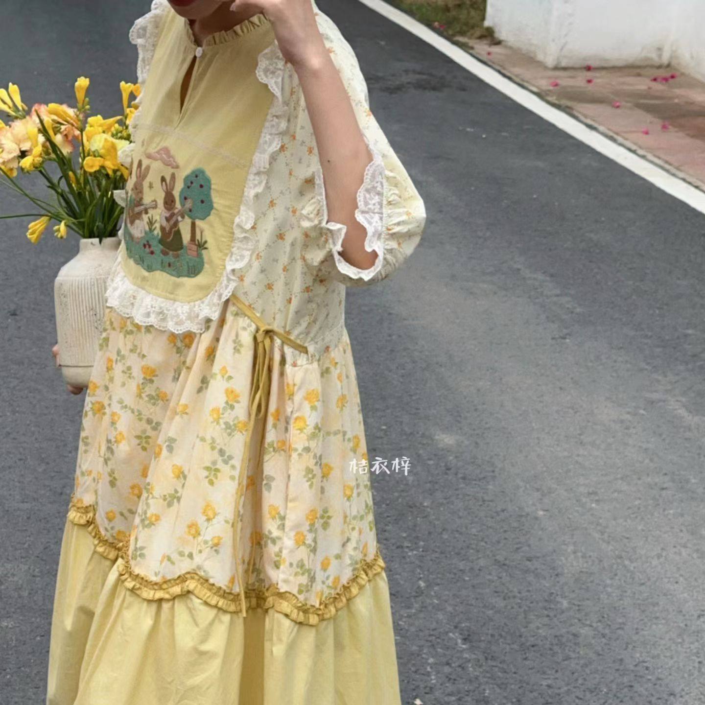 Summer Cotton Sweet Japanese S - Embroidery Yellow Dress ulasan dan harga