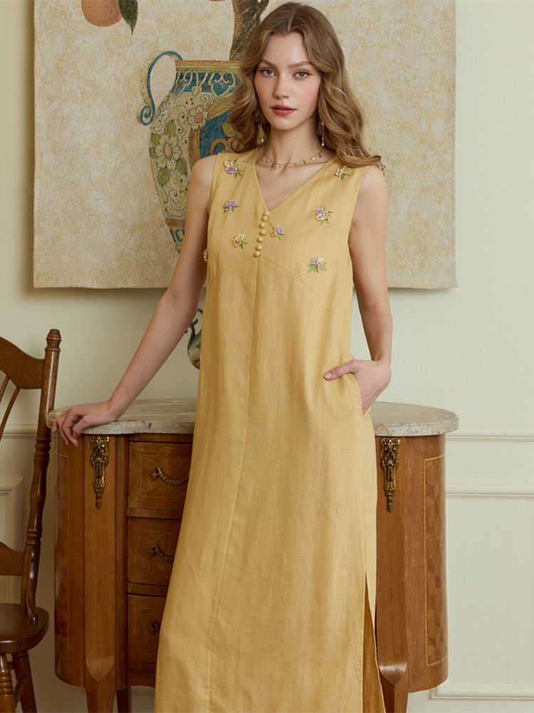 86-98cm Bust Summer Long Dress - Embroidery Yellow Dress ulasan dan harga