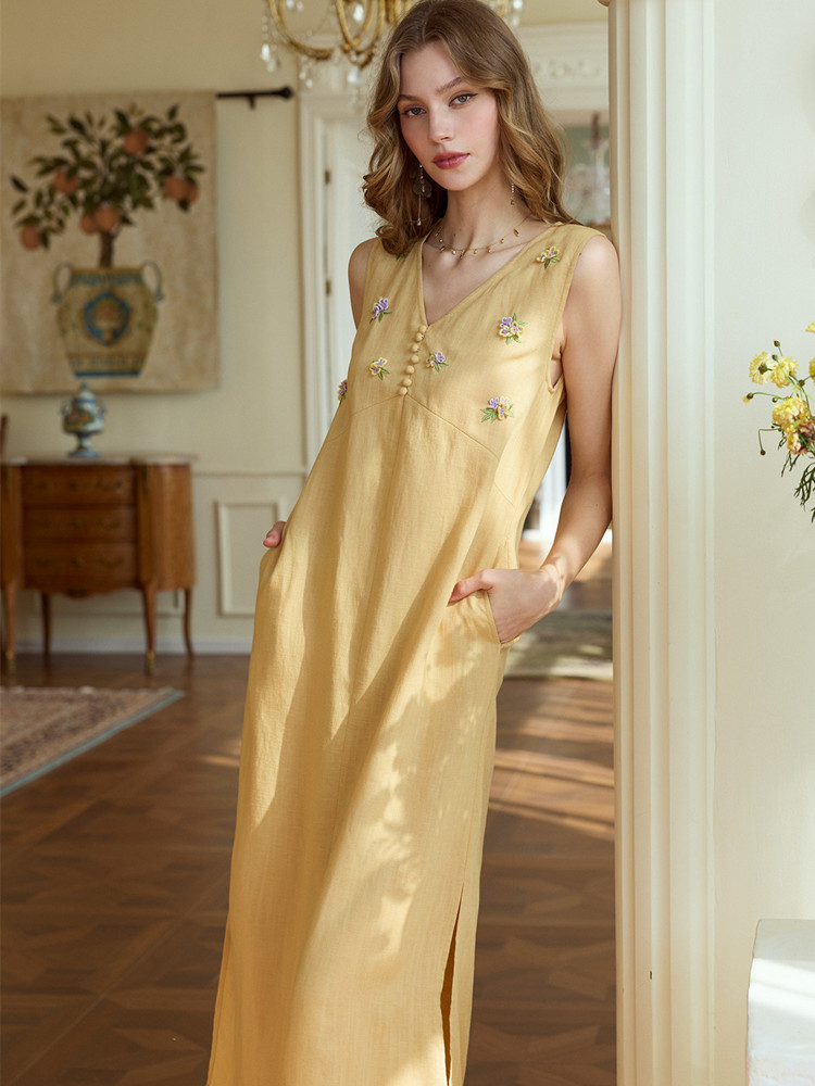 86-98cm Bust Summer Long Dress - Embroidery Yellow Dress ulasan dan harga