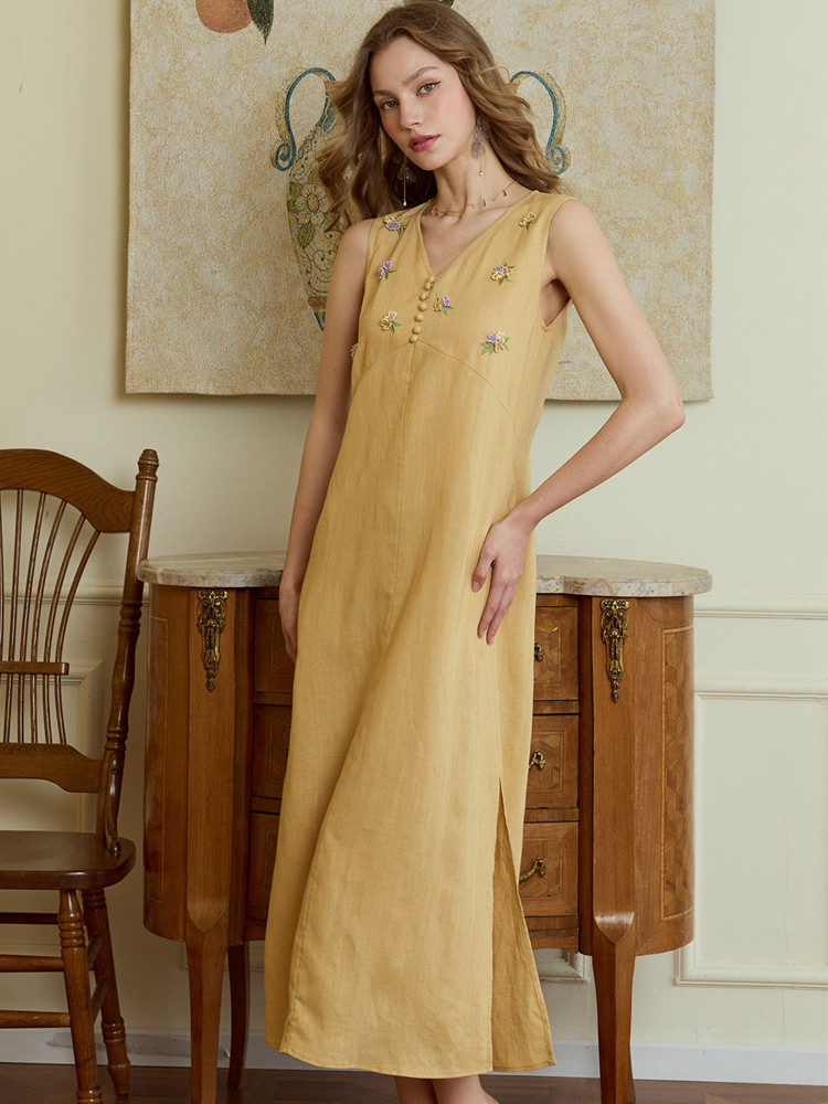 86-98cm Bust Summer Long Dress - Embroidery Yellow Dress ulasan dan harga