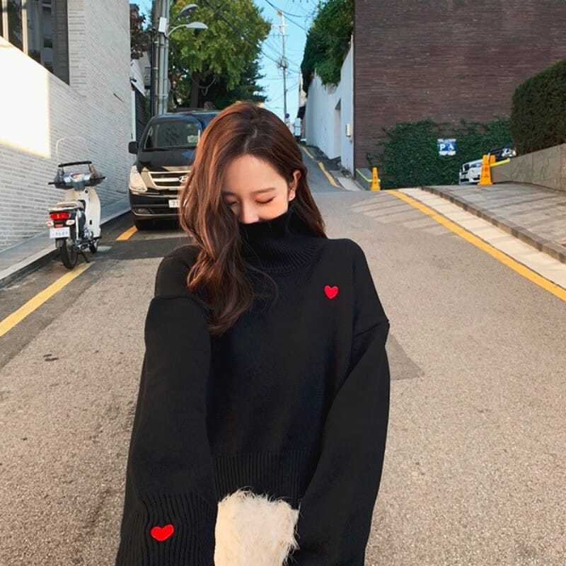 Turtleneck Sweater Women Lazy  - Embroidery Design Love ulasan dan harga