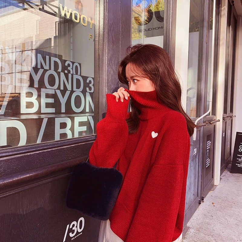 Turtleneck Sweater Women Lazy  - Embroidery Design Love ulasan dan harga